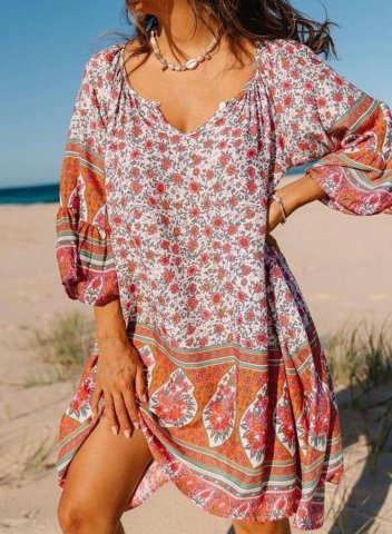 Women's Mini Dress Tribal Floral Fit & Flare 3/4 Sleeve V Neck Casual Beach Mini Dress