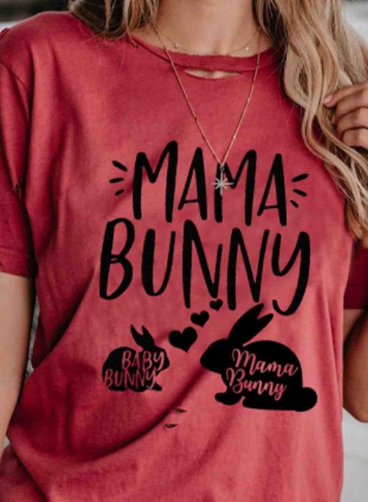 Women's Mama Bunny Cute T-shirts Solid Letter Rabbit Short Sleeve Round Neck Daily Festival T-shirt