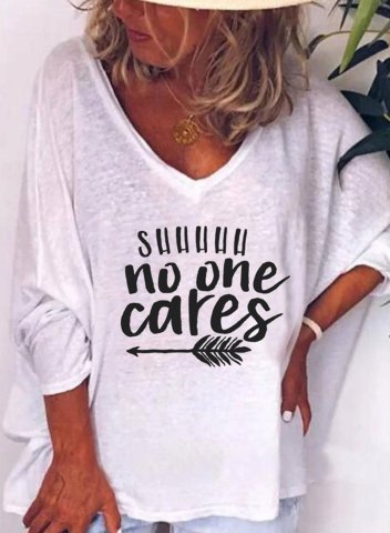 Women's Funny T-shirt - Shhh No One Cares Letter Print Long Sleeve V Neck Casual T-shirt