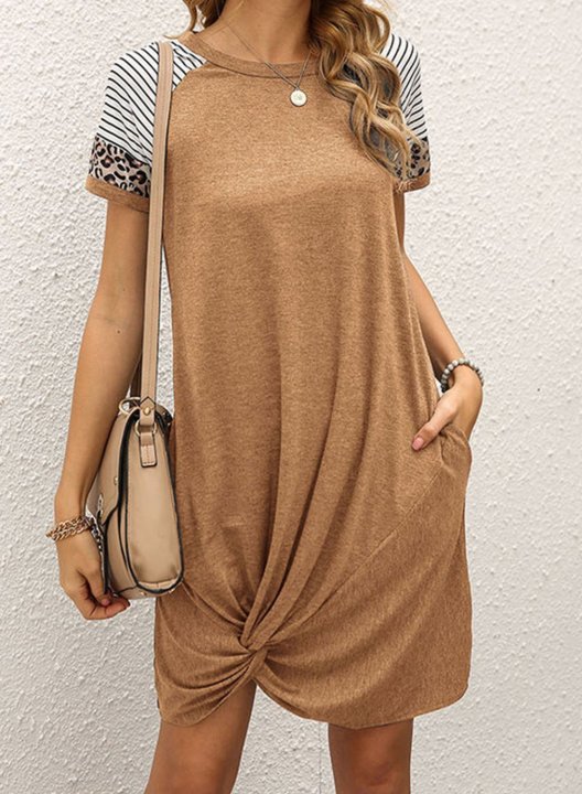 Women's Dress Striped Leopard Shift Round Neck Short Sleeve Summer Casual Daily Mini Dress