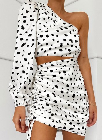Women's Two-Piece Dresses Asymmetric Polka Dot Color Block Long Sleeve One shoulder Party Casual Mini Two-Piece Sets
