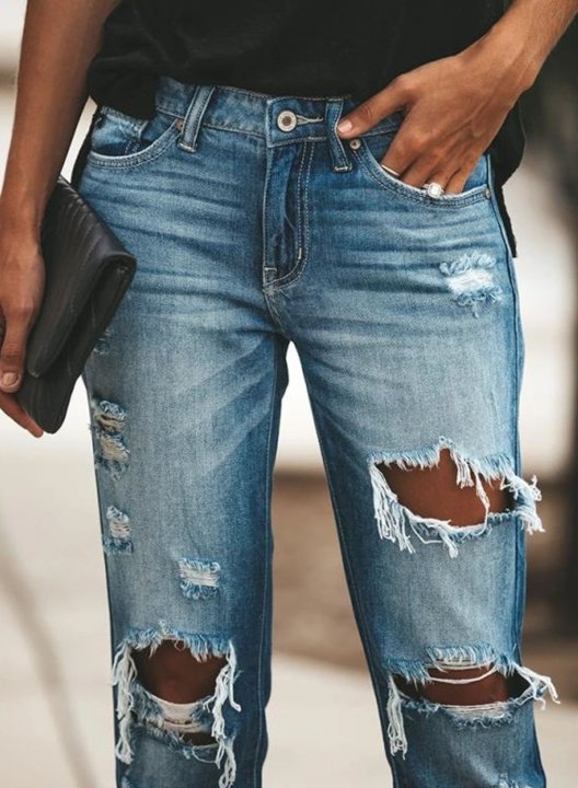 Women's Torn Jeans Slim Color Block Mid Waist Ankle-length Cut-out Daily Casual Torn Jeans