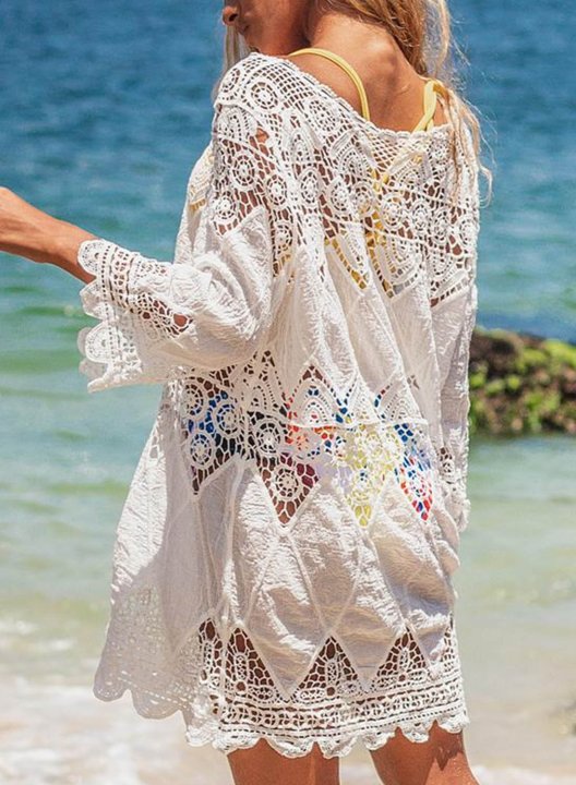 Women's Smocks Cut-out Solid 3/4 Sleeve Shift U Neck Beach Boho Smock