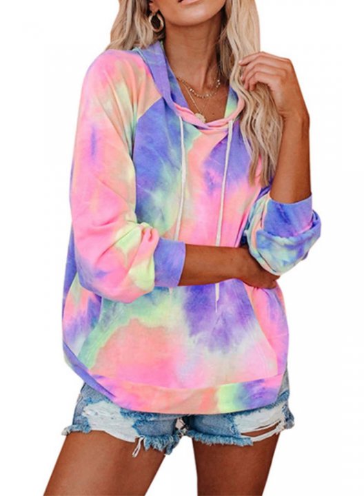 Women's Hooded Sweatshirts Multicolor Tie Dye Long Sleeve Hooded Sporty Drawstring Hoodie