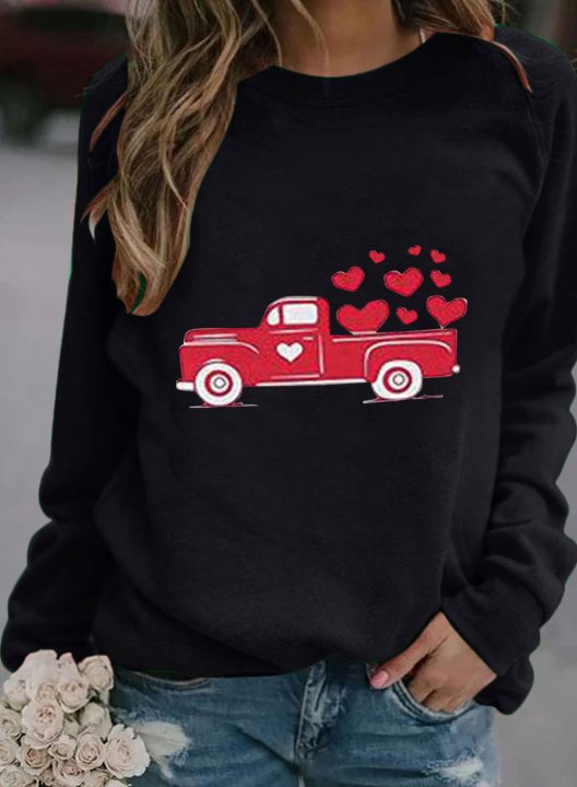 Women's Sweatshirts Heart & Car Print Color Block Round Neck Long Sleeve Casual Sweatshirt