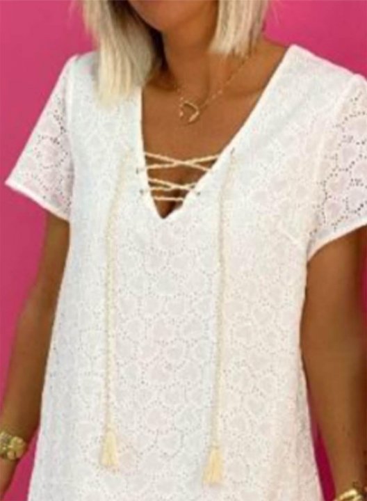 Women's Mini Dress Solid Lace A-line Short Sleeve V Neck Summer Daily Casual Mini Dress