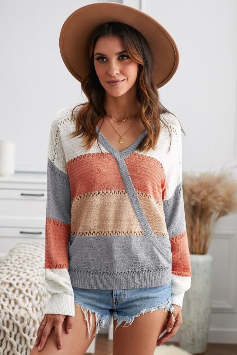 Women's Sweaters Color Block Deep V Neck Wrap Sweaters