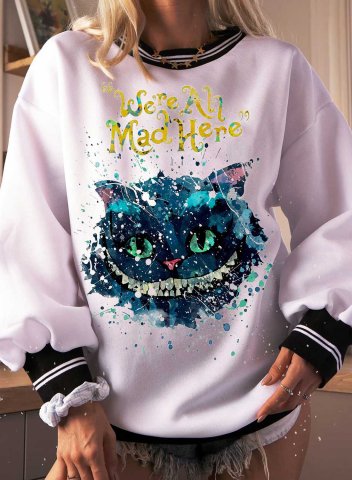 We're All Mad Here Cheshire Cat 3D Graphic Women's Sweatshirts Round Neck Long Sleeve Solid Casual Sweatshirts