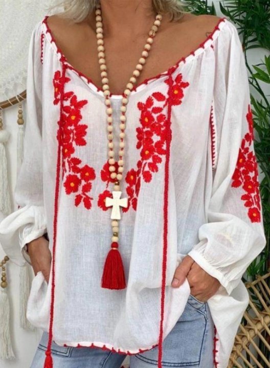 Women's Blouses Fringe Tassels Floral Embroidery Blouse