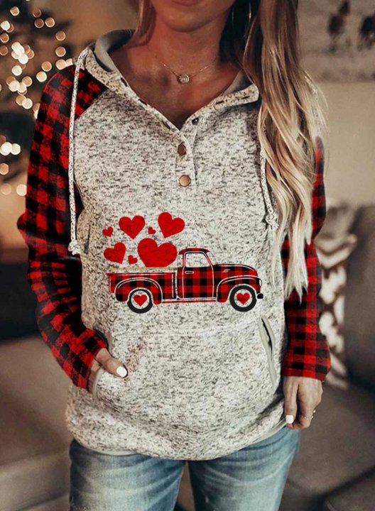 Women's Hoodie Drawstring Heart Print Plaid Hoodies With Pockets