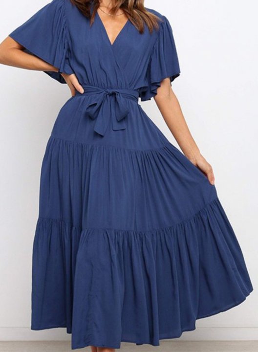 Women's Maxi Dresses Solid Short Sleeve Flare V Neck Belt-up Dress