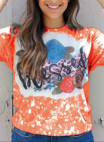 Women's T-shirts Color Block Tiedye Floral Letter Print Short Sleeve Round Neck Daily T-shirt