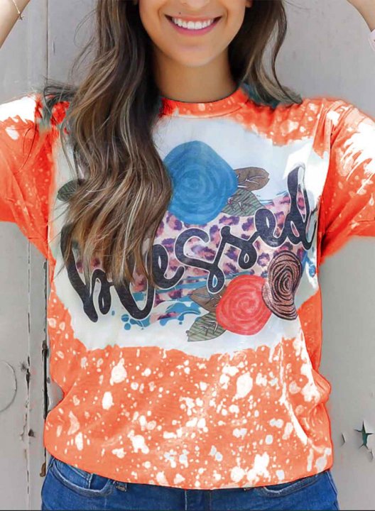 Women's T-shirts Color Block Tiedye Floral Letter Print Short Sleeve Round Neck Daily T-shirt