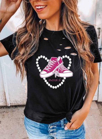 Women's T-shirts Shoes Letter Print Short Sleeve Round Neck Daily Cut-out T-shirt