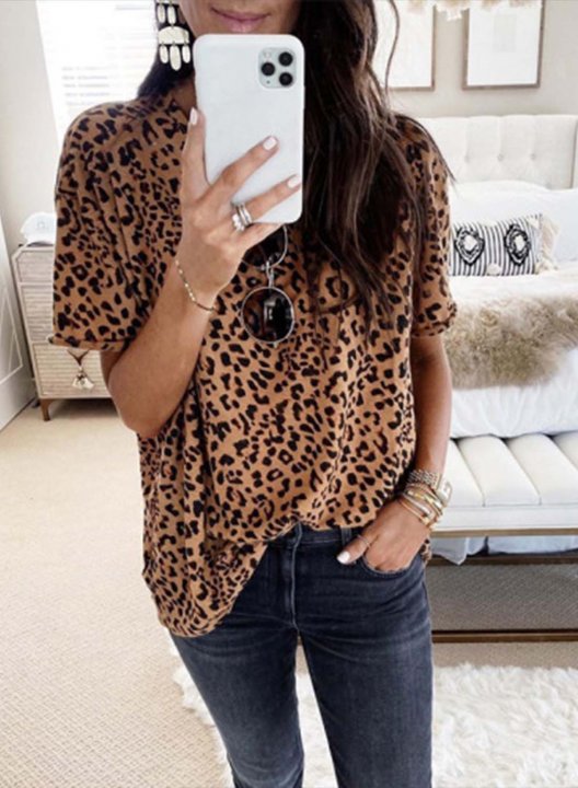 Women's T-shirts Leopard Round Neck Short Sleeve Daily Casual T-shirts