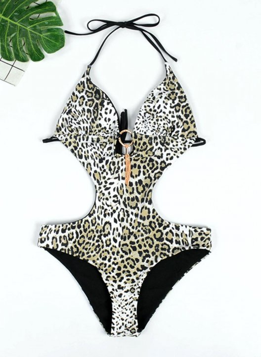 Women's One-Piece Swimsuits One-Piece Bathing Suits Floral Leopard Halter Open Back Belly Swimsuit