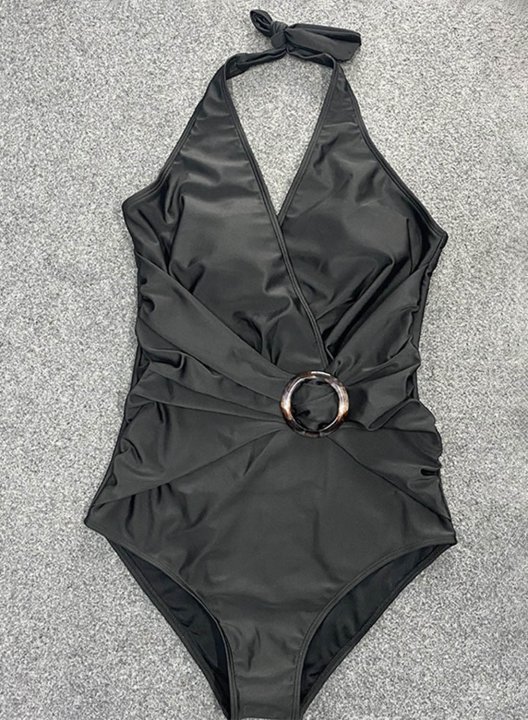 Women's One-Piece Swimsuits One-Piece Bathing Suits Solid V Neck Knot One-Piece Swimsuit