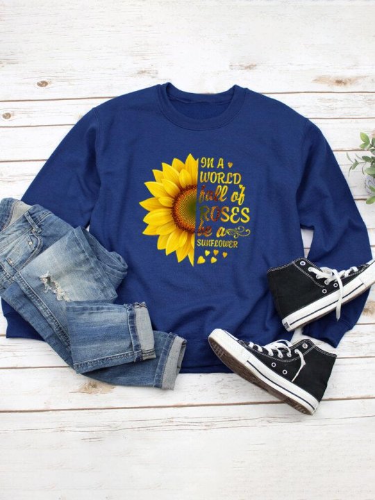 Sunflower Print O-neck Long Sleeves Casual Sweatshirt