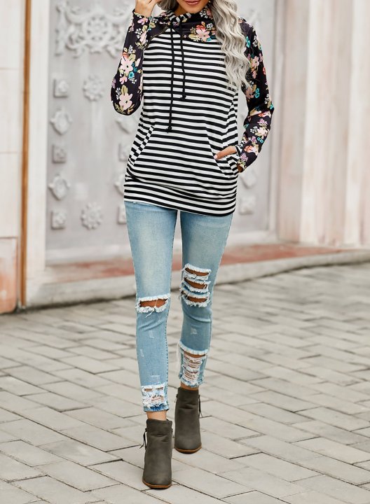 Floral-Print Paneled Striped Pocket Hoodie