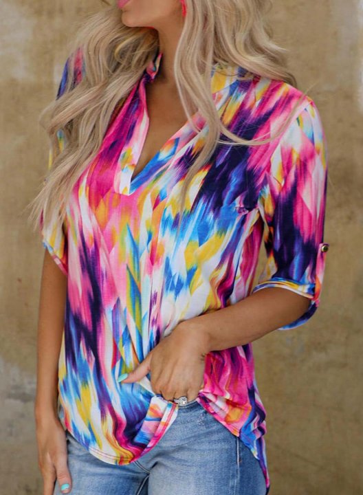 Women's Blouses Tiedye Multicolor Long Sleeve V Neck Daily Button Blouse