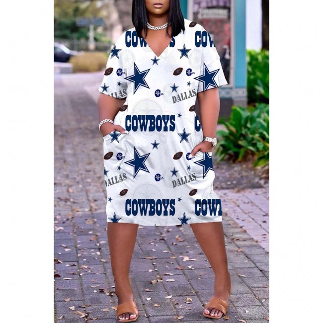 Dallas Cowboys Print Fashion Casual V Neck Short Sleeve Dress