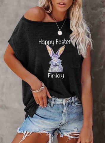 Women's Happy Easter Finlay Bunny Print T-shirts Solid Black Casual T-shirt