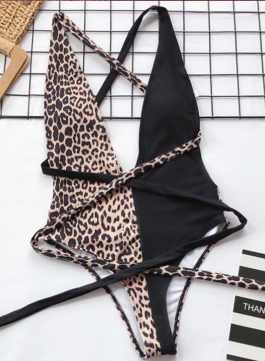 Women's One Piece Swimwear Leopard V Neck Vacation One-Piece Swimsuits One-Piece Bathing Suits