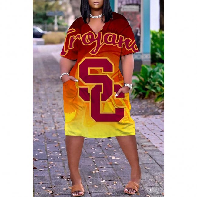 NCAAF Women's USC Trojans Printed V-neck Casual Pocket Dress