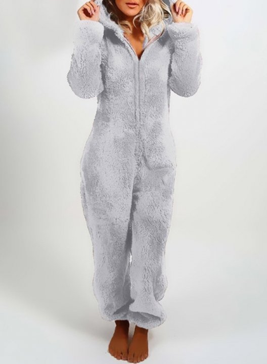 Women's Cute Bear Ears Hooded Cozy Pajama Jumpsuits Solid Thick Wool Zip Fuzzy One Piece Onsies Sleepwear