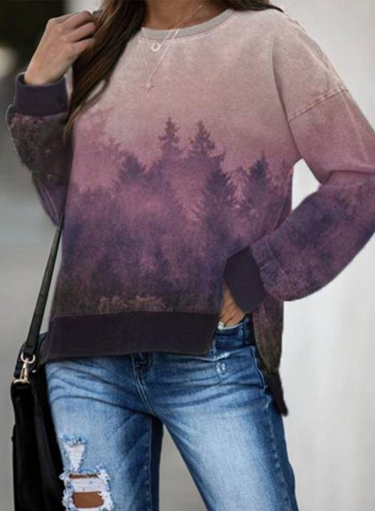 Women's Landscape Tree Print Sweatshirt Casual Color Block Long Sleeve Round Neck Daily Sweatshirt