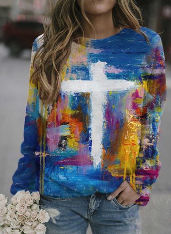 Women's Pullovers Abstract Cross Color-block Long Sleeve Round Neck Casual Pullover