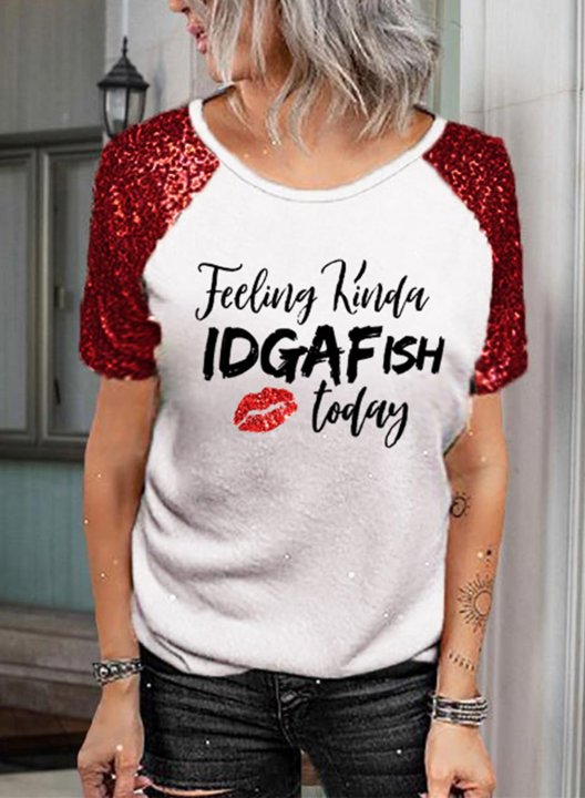 Women's Feeling Kinda IDGAF-ish today Lips Ptiny T-shirts Casual Sequin Color Block Short Sleeve Daily T-shirts