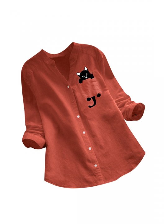 Women's Shirt Cat Print Stand Collar Casual Loose Shirt