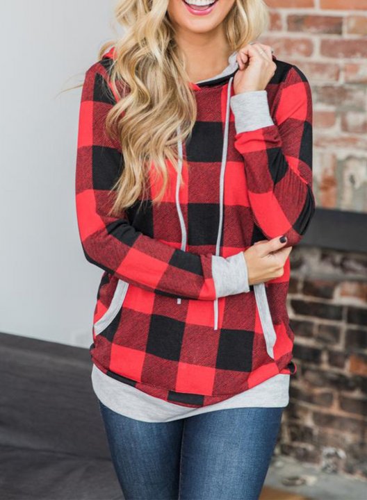 Red Plaid Pocket Long Sleeve Hoodie