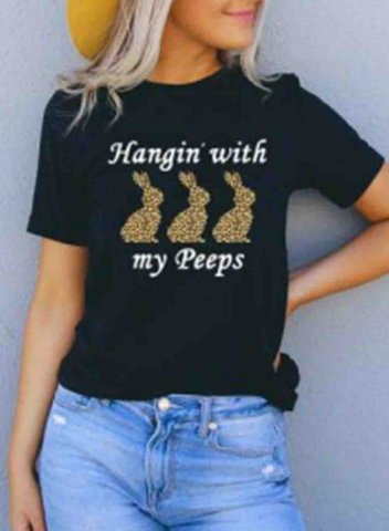 Women's Hangin' With My Peeps Bunny T-shirts Short Sleeve Round Neck Cute Basic T-shirt