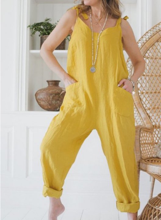 Women's Jumpsuits Pocket Knot Straight Solid High Waist Ankle-length Daily Casual Jumpsuits