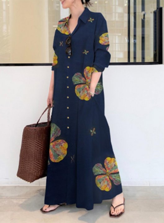 Women's Maxi Dresses Floral Long Sleeve Fit & Flare Turn Down Collar Casual Vintage Maxi Dress