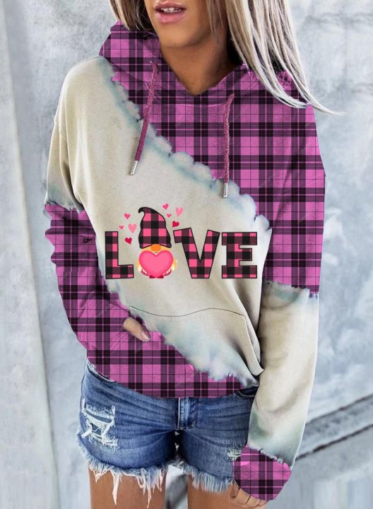 Women's Plaid Hoodies Color Block Love Letter Long Sleeve Daily Hoodie