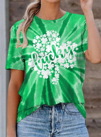 Women's St Patrick's Day T-shirts Letter Lucky Shamrock Tie Dye Round Neck Short Sleeve Daily Casual T-shirts