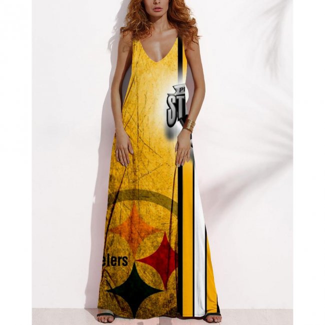 Women's Summer PITTSBURGH STEELERS Fan Print V-neck Sleeveless Loose Long A-line Dress