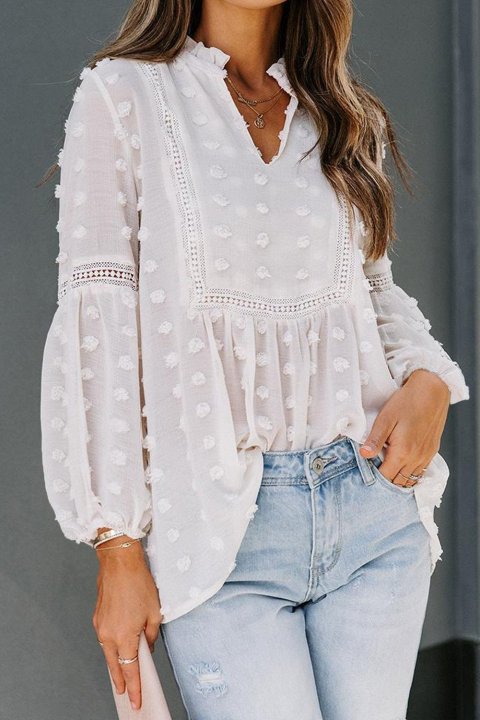 Ruffled Split Neck Lace Hollow Out Puff Sleeve Polka Dot Blouse