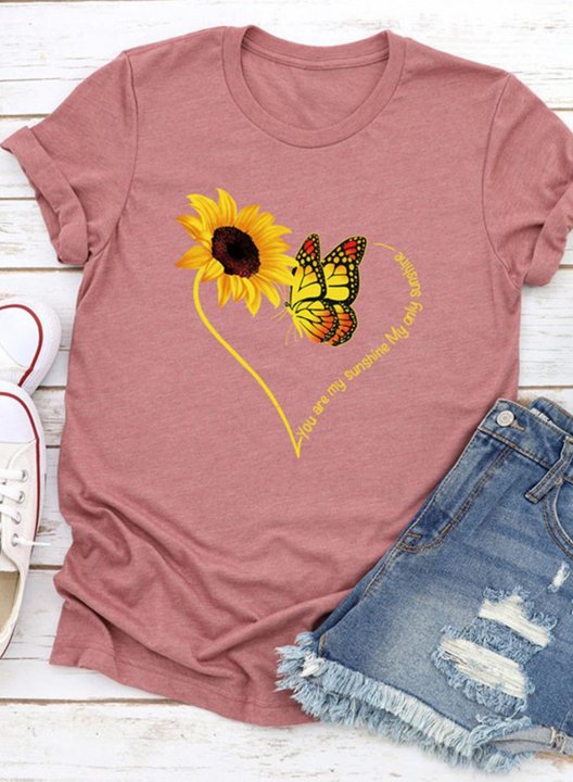 Women's T-shirts Sunflower Butterfly Print Short Sleeve Round Neck Casual T-shirt