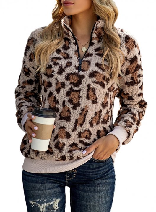 Leopard Long Sleeve High Neck Zip Sweatshirt