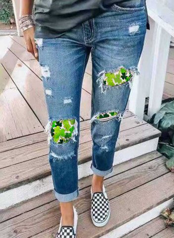 Women's Jeans Slim St Patrick's Day Shamrock Print Color Block Mid Waist Daily Casual Cut-out Jeans
