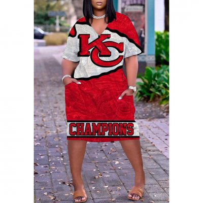 Kansas City Chiefs Print Fashion Casual V Neck Short Sleeve Dress