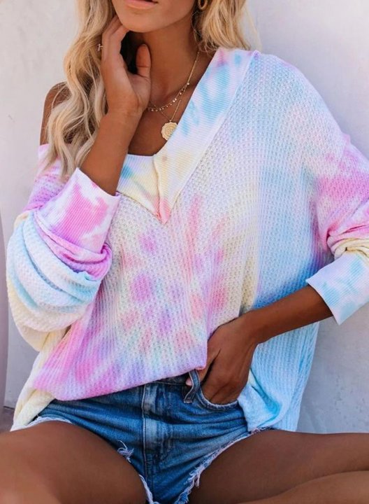 Colorful Off Shoulder Tie Dye Long Sleeve V-Neck Sweatshirt