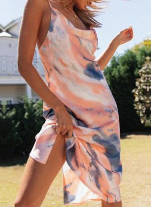 Women's Maxi Dresses Split Color Block Tiedye Sleeveless Shift U Neck Party Maxi Dress