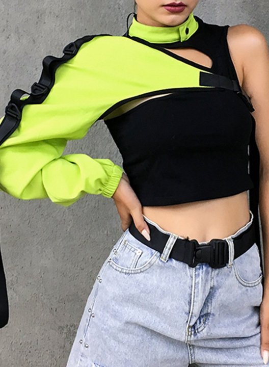 Women's Punk Style Jacket Solid High Neck Cold Shoulder Asymmetric One Sleeve Cropped Long Sleeve Casual Daily Pullovers