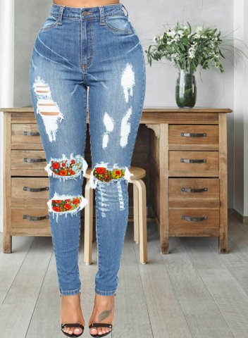 Women's Oil painting printing Jeans Slim Solid High Waist Pocket Cut-out Jean