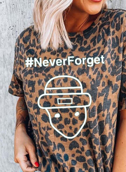 Women's T-shirts Leopard Letter Print Short Sleeve Round Neck Daily T-shirt